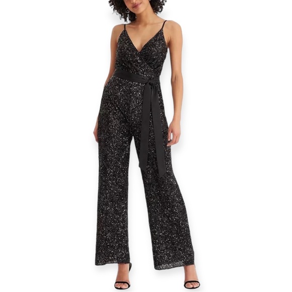Express Sequin V-Neck Tie Waist Wide Leg Jumpsuit Size XS - Picture 1 of 11